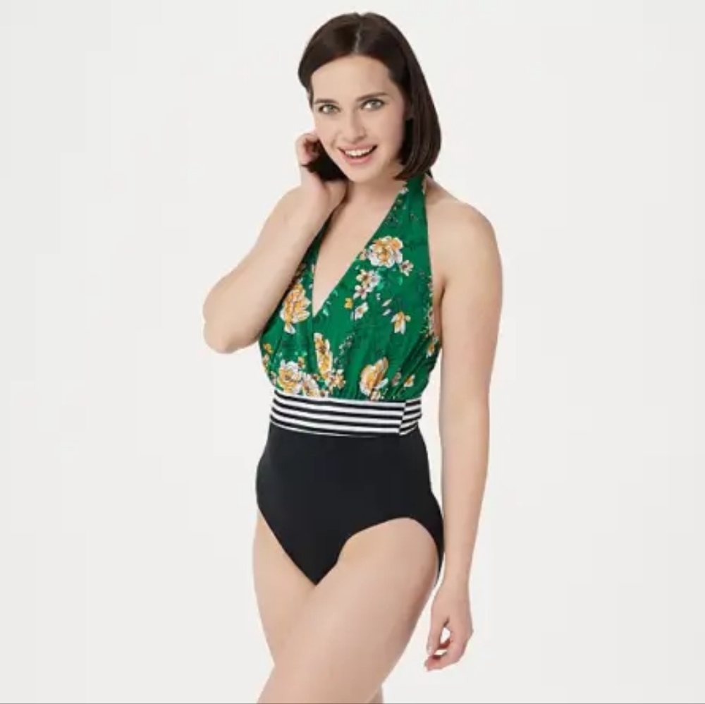G.I.L.I Swimsuit Women's Size 8 Green and Black One Piece Floral Stripe